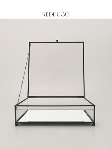 REDHUGO Square Glass Display Box with Lid Handmade, Mirrored Bottom, Geometric Glass Jewelry Box for Display, Brass & HD-Glass for Jewelry Trinket Book Photo, Keepsake Organizer, Home Decor, Black