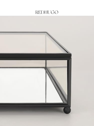 REDHUGO Square Glass Display Box with Lid Handmade, Mirrored Bottom, Geometric Glass Jewelry Box for Display, Brass & HD-Glass for Jewelry Trinket Book Photo, Keepsake Organizer, Home Decor, Black