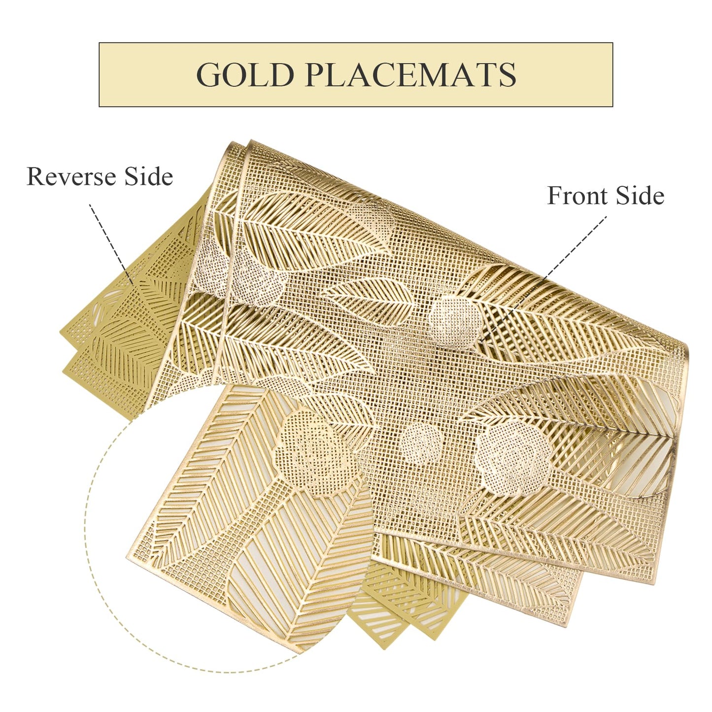 Gold Placemats Set of 6 Vinyl Leaf and Floral Place Mats for Kitchen Table Indoor Outdoor Washable Wipeable Dining Table Mats