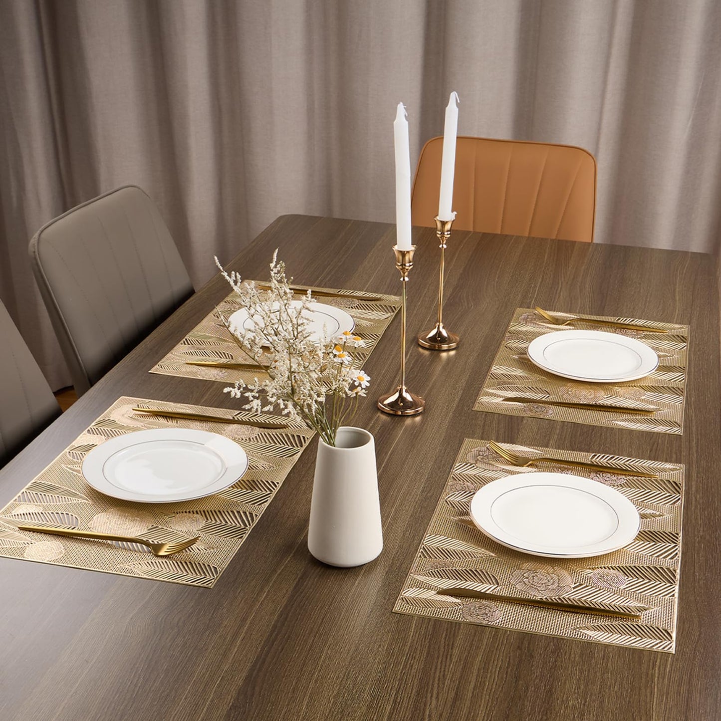 Gold Placemats Set of 6 Vinyl Leaf and Floral Place Mats for Kitchen Table Indoor Outdoor Washable Wipeable Dining Table Mats