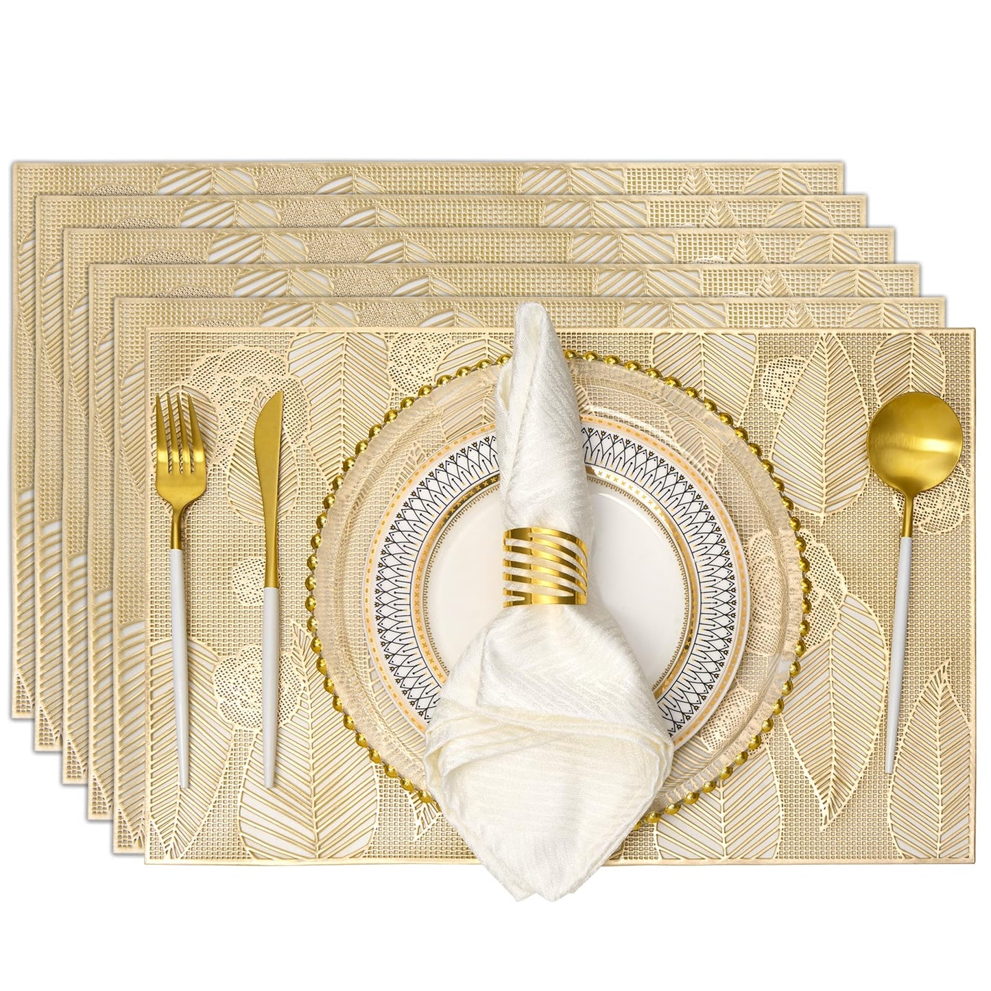 Gold Placemats Set of 6 Vinyl Leaf and Floral Place Mats for Kitchen Table Indoor Outdoor Washable Wipeable Dining Table Mats