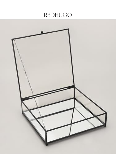 REDHUGO Square Glass Display Box with Lid Handmade, Mirrored Bottom, Geometric Glass Jewelry Box for Display, Brass & HD-Glass for Jewelry Trinket Book Photo, Keepsake Organizer, Home Decor, Black