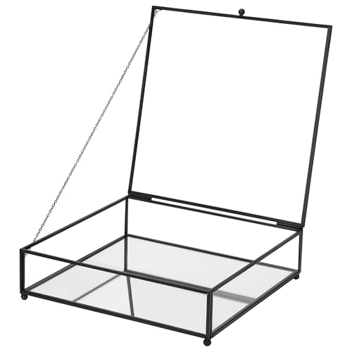 REDHUGO Square Glass Display Box with Lid Handmade, Mirrored Bottom, Geometric Glass Jewelry Box for Display, Brass & HD-Glass for Jewelry Trinket Book Photo, Keepsake Organizer, Home Decor, Black
