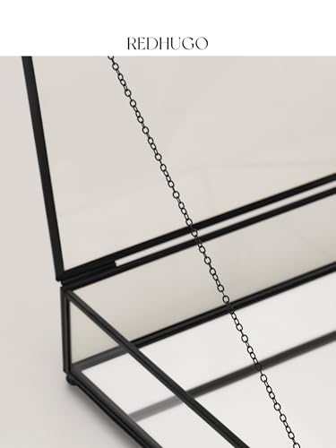 REDHUGO Square Glass Display Box with Lid Handmade, Mirrored Bottom, Geometric Glass Jewelry Box for Display, Brass & HD-Glass for Jewelry Trinket Book Photo, Keepsake Organizer, Home Decor, Black