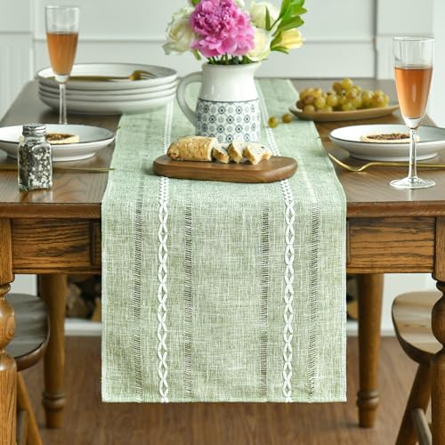 Artoid Mode Sage Green Rustic Cotton Linen Table Runner, Seasonal Embroidered Hollow Kitchen Dining Table Decoration for Home Party Decor 13x60 Inch
