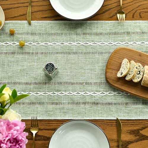 Artoid Mode Sage Green Rustic Cotton Linen Table Runner, Seasonal Embroidered Hollow Kitchen Dining Table Decoration for Home Party Decor 13x60 Inch
