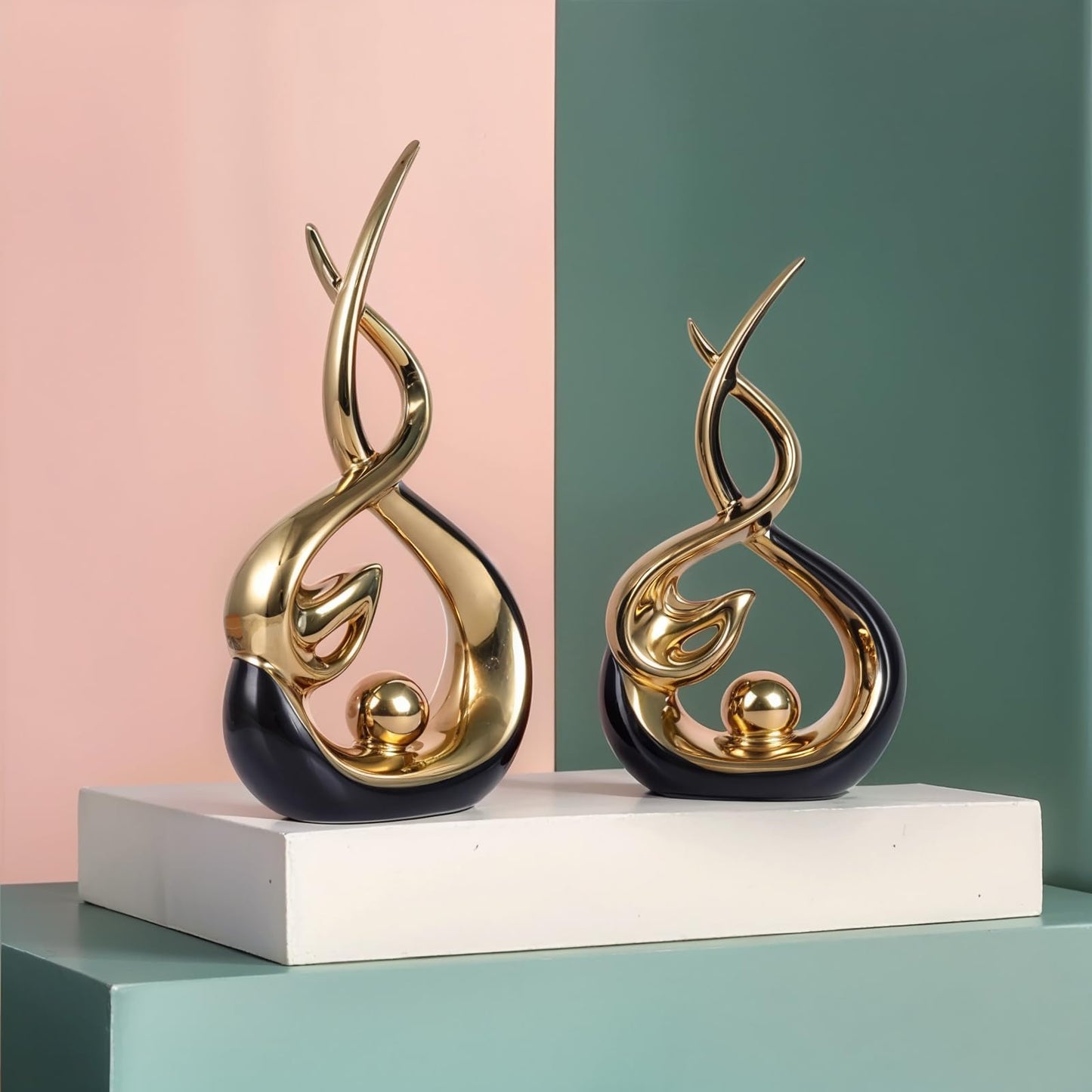 Home Decor Modern Abstract Art Ceramic Statue - 2 PCS Black and Gold Sculptures, Mid Century Modern Decor, Elegant Table Centerpieces for Dining Room, Living Room, Office, Entryway, Bookshelf, Mantel
