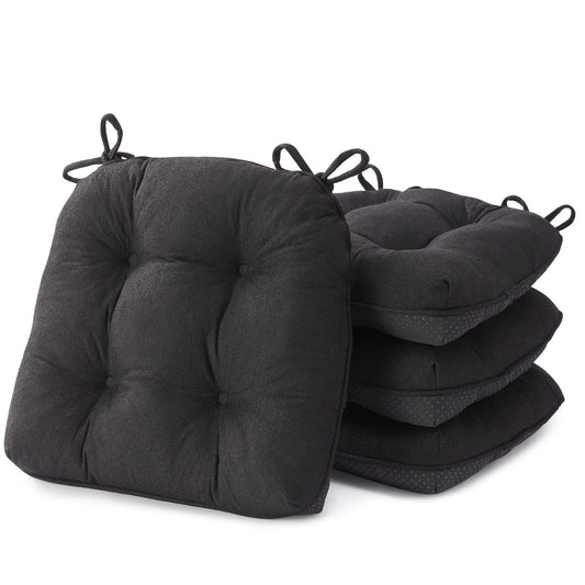 SM-XLHN Chair Cushions for Dining Chairs, Kitchen Chair Cushions Set of 4, Seat Cushion with Ties, Tufted Chair Pads for Dining Chairs with Non Slip Backing, 15.5 x 15.5 x 4, Black