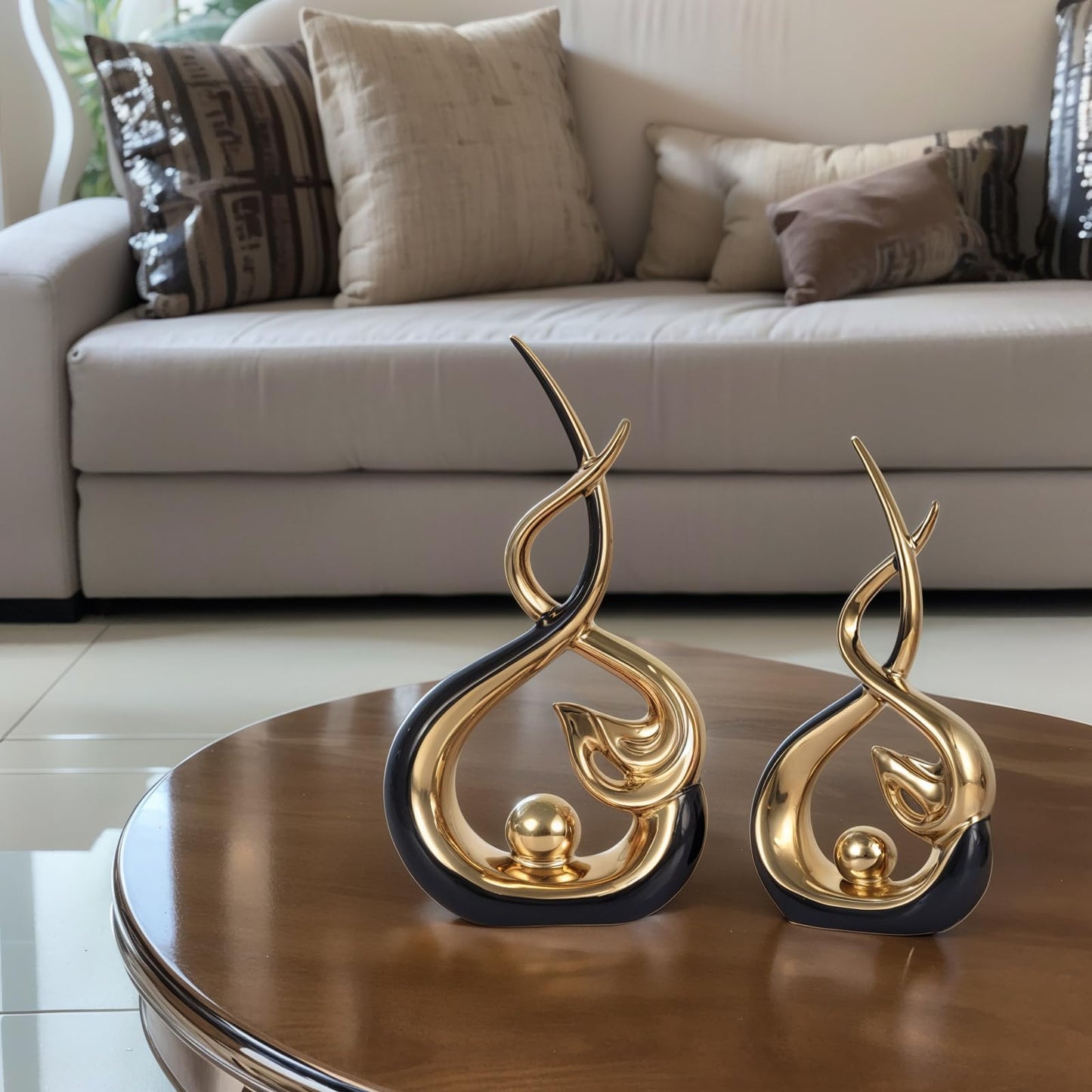 Home Decor Modern Abstract Art Ceramic Statue - 2 PCS Black and Gold Sculptures, Mid Century Modern Decor, Elegant Table Centerpieces for Dining Room, Living Room, Office, Entryway, Bookshelf, Mantel