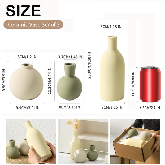 Vase Set of 3, Ceramic Vases Home Decor Flower Decorative Table Decor Vase Pottery Neutral Vases for Tray Table Mantel Living Room Kitchen Bedroom Bathroom Entryway -Light Color