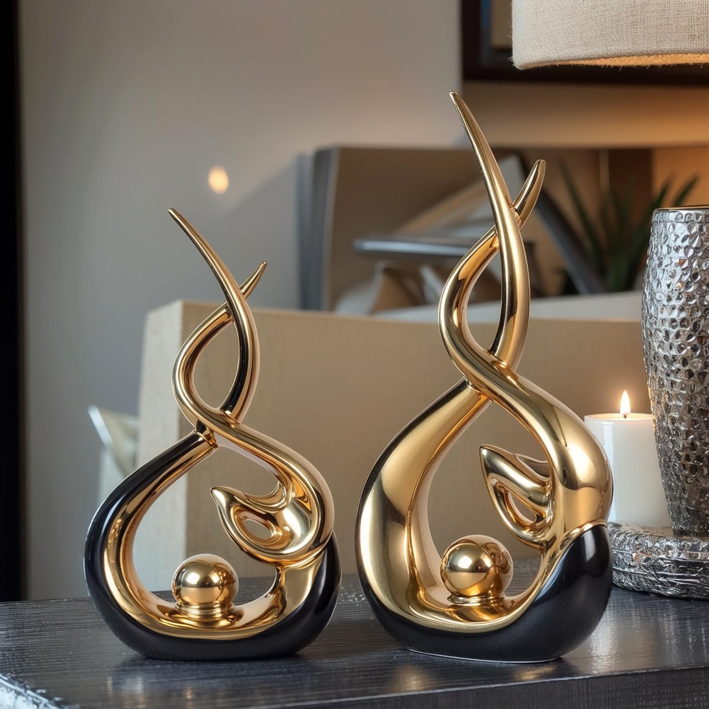 Home Decor Modern Abstract Art Ceramic Statue - 2 PCS Black and Gold Sculptures, Mid Century Modern Decor, Elegant Table Centerpieces for Dining Room, Living Room, Office, Entryway, Bookshelf, Mantel
