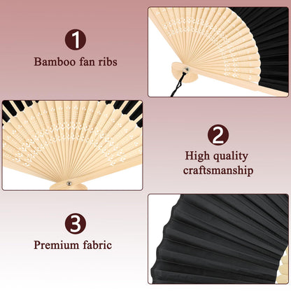 YOLCAR 2 Pack Black and White Silk Bamboo Folding Fans, Hand Fans for Line Dancing, DIY Decorative Fans for Performance, Wedding, Church and Party