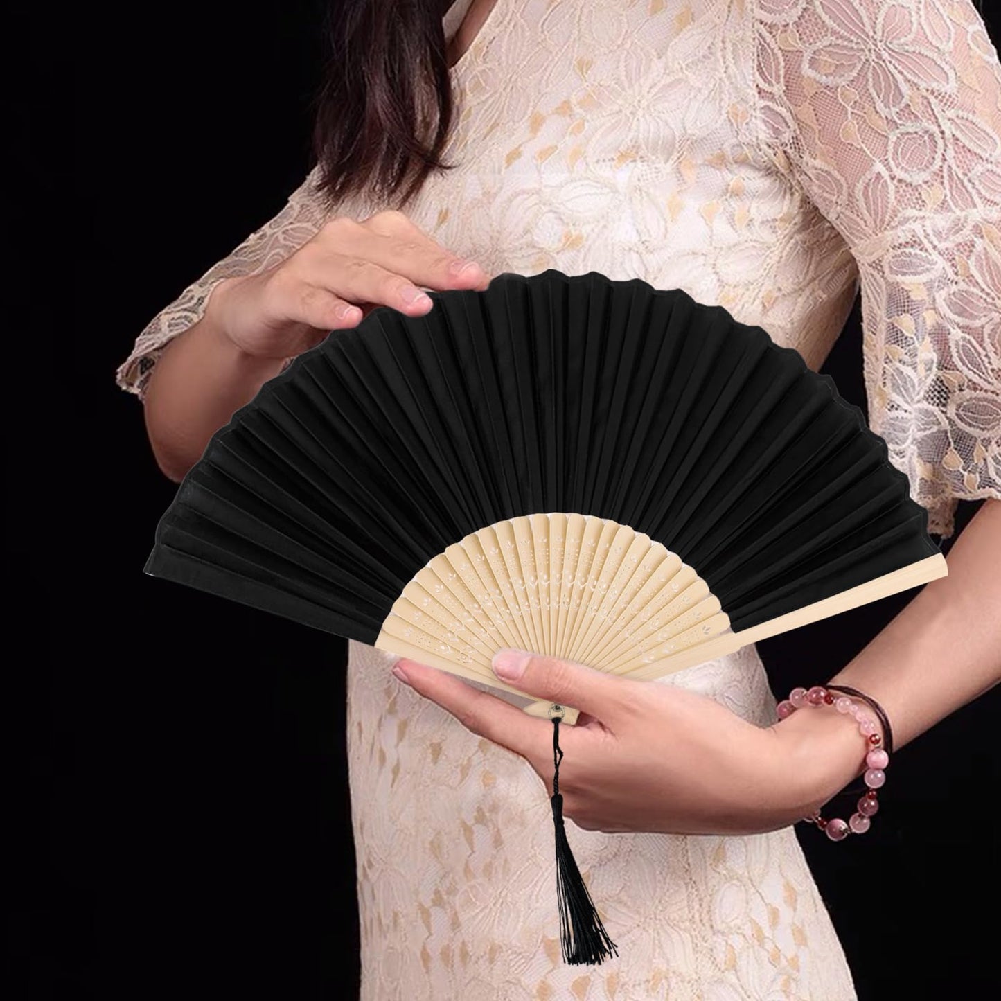 YOLCAR 2 Pack Black and White Silk Bamboo Folding Fans, Hand Fans for Line Dancing, DIY Decorative Fans for Performance, Wedding, Church and Party