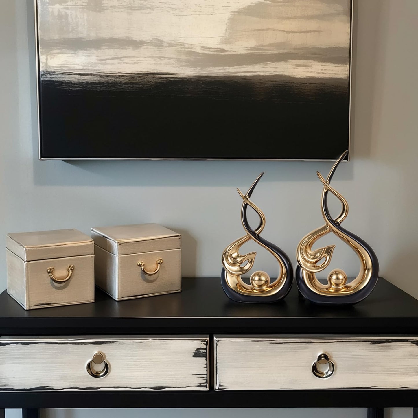 Home Decor Modern Abstract Art Ceramic Statue - 2 PCS Black and Gold Sculptures, Mid Century Modern Decor, Elegant Table Centerpieces for Dining Room, Living Room, Office, Entryway, Bookshelf, Mantel