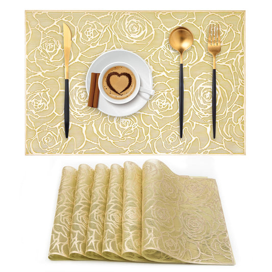 Gold Placemats Set of 6 Rectangle Pressed Vinyl Metallic Flower Place Mats Hollow-Out Rose Heat Resistant Waterproof Oil-Proof Table Mats Decorative for Kitchen Table Holiday Wedding Party Decor