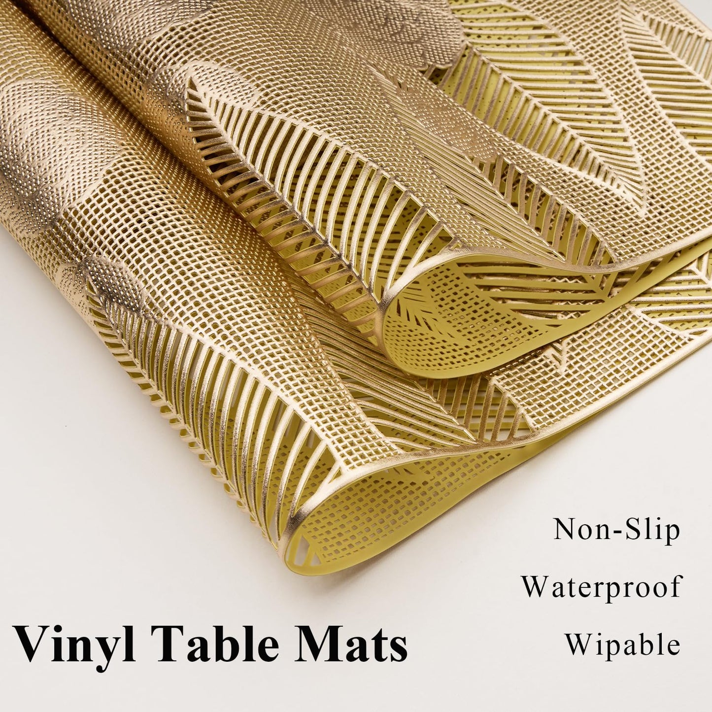 Gold Placemats Set of 6 Vinyl Leaf and Floral Place Mats for Kitchen Table Indoor Outdoor Washable Wipeable Dining Table Mats