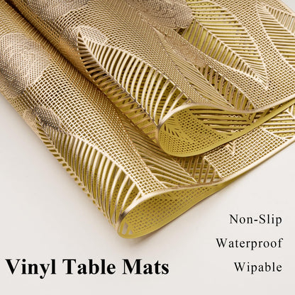 Gold Placemats Set of 6 Vinyl Leaf and Floral Place Mats for Kitchen Table Indoor Outdoor Washable Wipeable Dining Table Mats