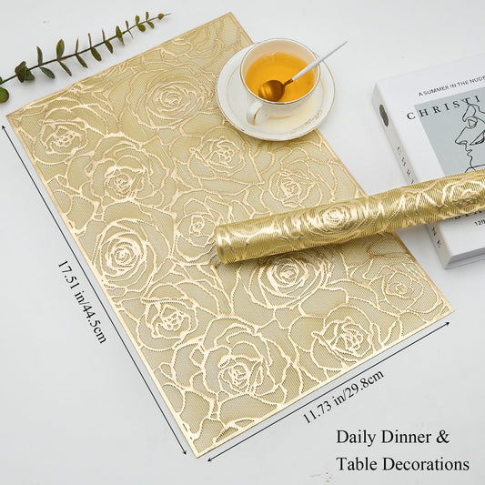 Gold Placemats Set of 6 Rectangle Pressed Vinyl Metallic Flower Place Mats Hollow-Out Rose Heat Resistant Waterproof Oil-Proof Table Mats Decorative for Kitchen Table Holiday Wedding Party Decor