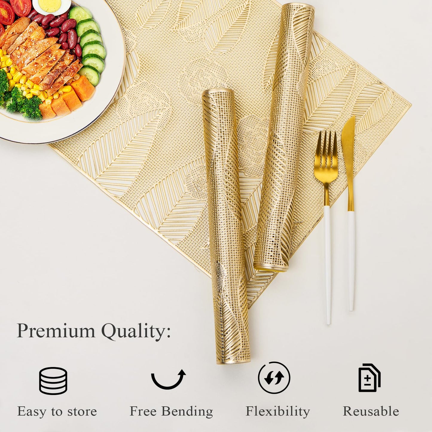 Gold Placemats Set of 6 Vinyl Leaf and Floral Place Mats for Kitchen Table Indoor Outdoor Washable Wipeable Dining Table Mats