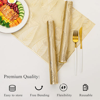 Gold Placemats Set of 6 Vinyl Leaf and Floral Place Mats for Kitchen Table Indoor Outdoor Washable Wipeable Dining Table Mats
