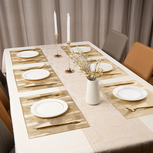 Gold Placemats Set of 6 Vinyl Leaf and Floral Place Mats for Kitchen Table Indoor Outdoor Washable Wipeable Dining Table Mats