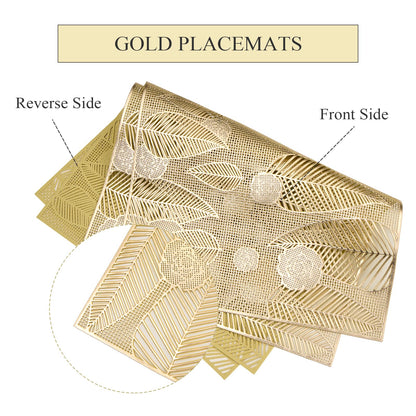 Gold Placemats Set of 6 Vinyl Leaf and Floral Place Mats for Kitchen Table Indoor Outdoor Washable Wipeable Dining Table Mats