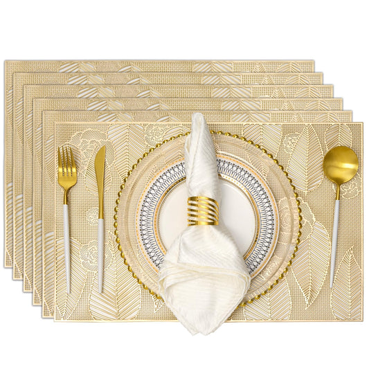 Gold Placemats Set of 6 Vinyl Leaf and Floral Place Mats for Kitchen Table Indoor Outdoor Washable Wipeable Dining Table Mats