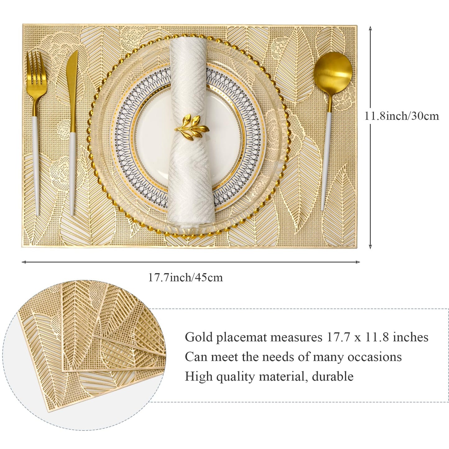 Gold Placemats Set of 6 Vinyl Leaf and Floral Place Mats for Kitchen Table Indoor Outdoor Washable Wipeable Dining Table Mats
